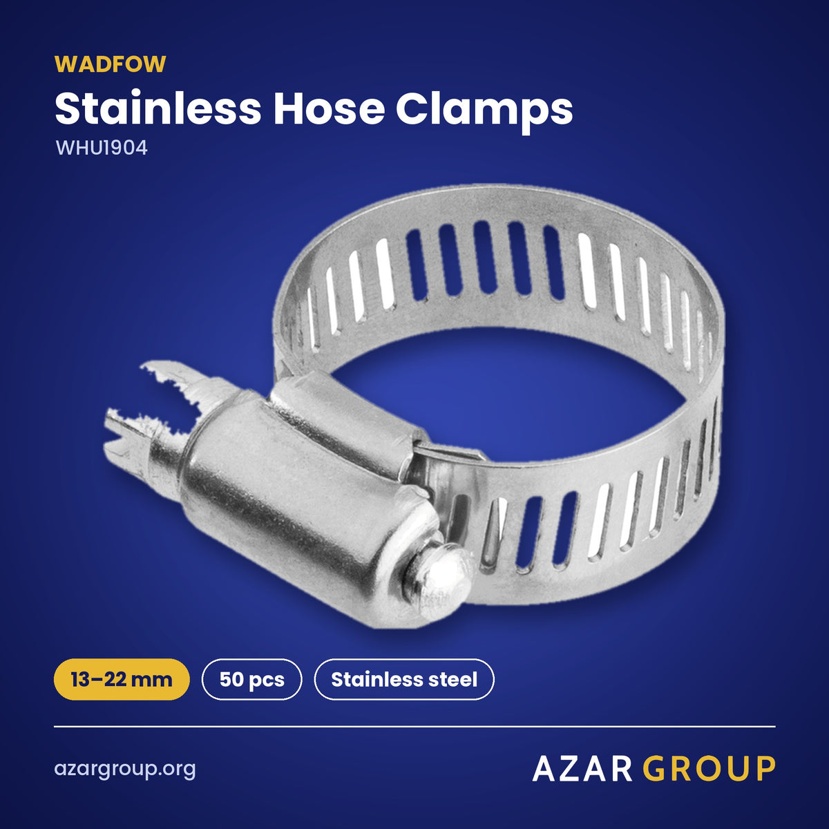 WADFOW WHU1904 Stainless Hose Clamps – 13–22 mm, 50 pcs, Stainless steel