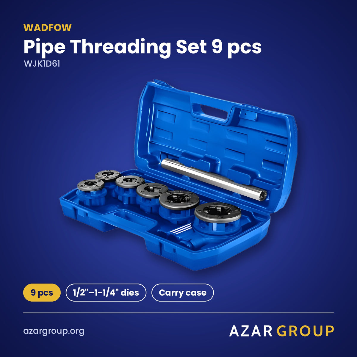 WADFOW WJK1D61 Pipe Threading Set 9 pcs – 9 pcs, 1/2"–1-1/4" dies, Carry case