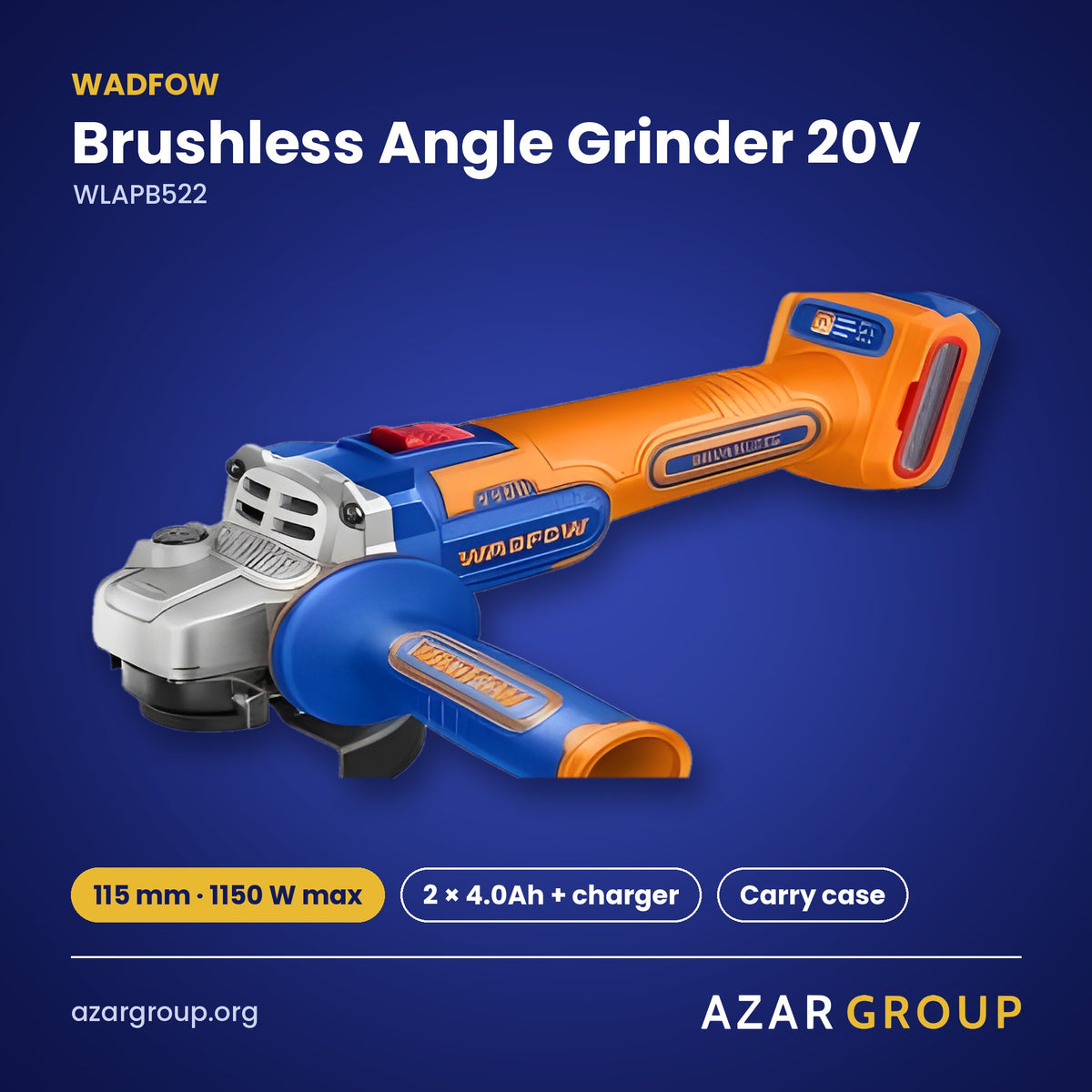 WADFOW WLAPB522 Brushless Angle Grinder 20V – 115 mm · 1150 W max, 2 × 4.0Ah + charger, Carry case