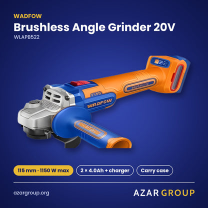 WADFOW WLAPB522 Brushless Angle Grinder 20V – 115 mm · 1150 W max, 2 × 4.0Ah + charger, Carry case