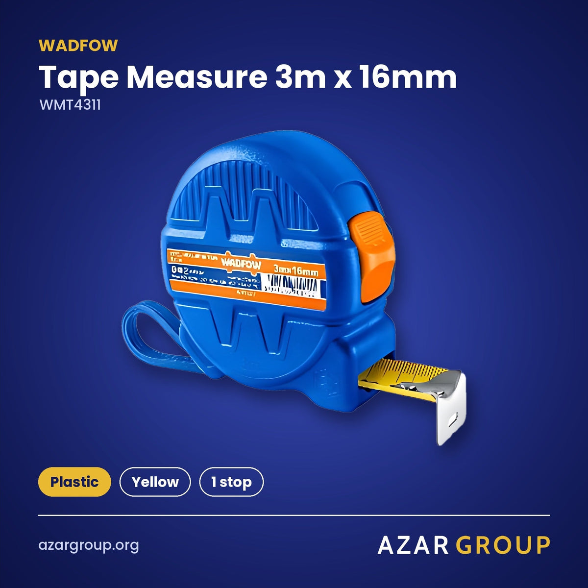 WADFOW WMT4311 Tape Measure 3m x 16mm – Plastic, Yellow, 1 stop