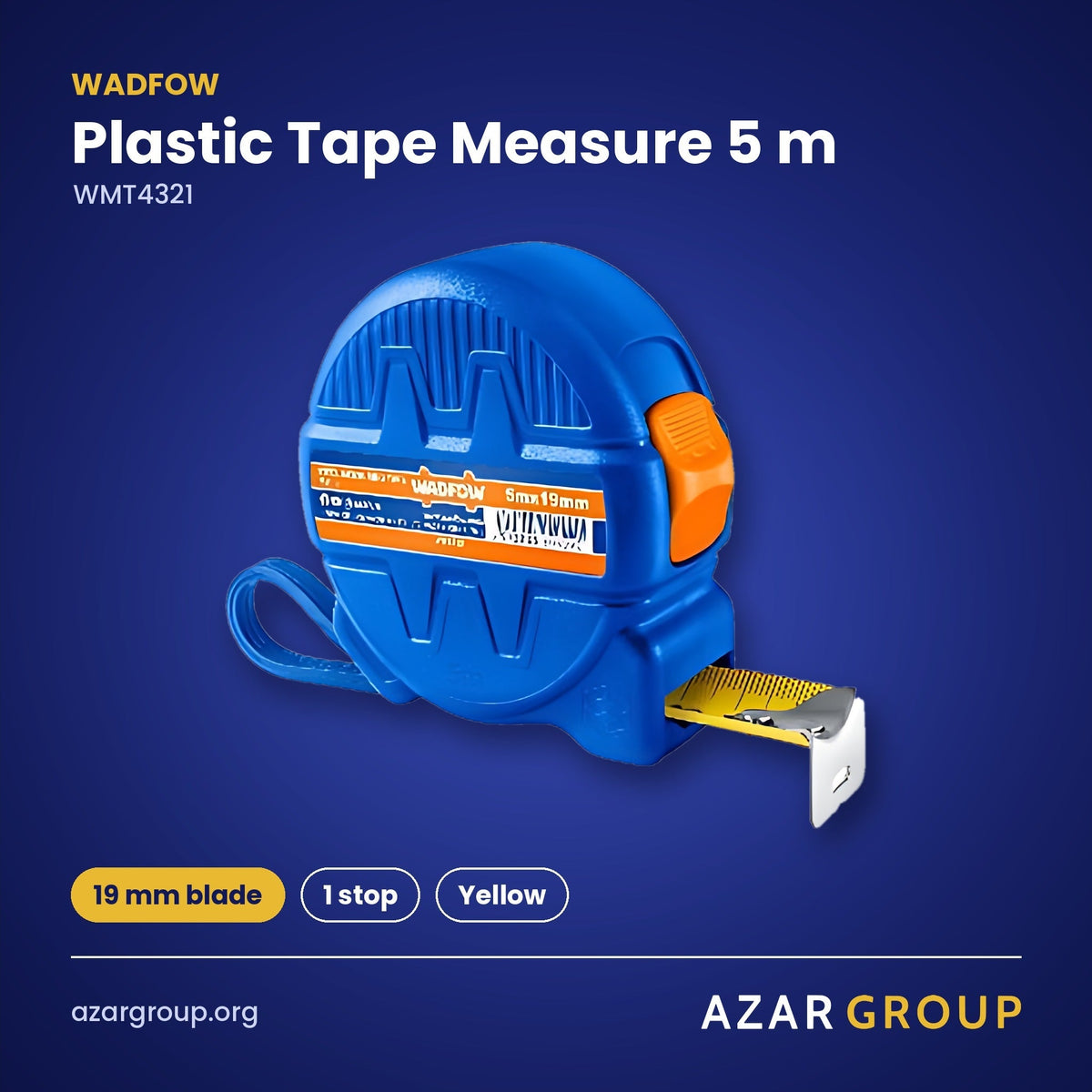 WADFOW WMT4321 Plastic Tape Measure 5 m – 19 mm blade, 1 stop, Yellow