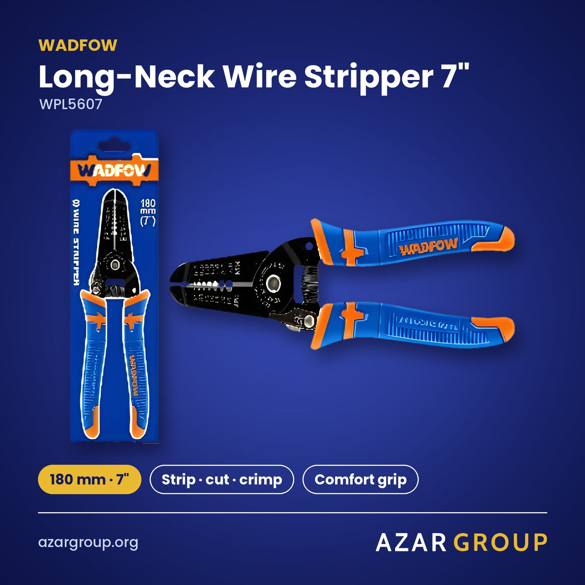 WADFOW WPL5607 Long-Neck Wire Stripper 7" – 180 mm · 7", Strip · cut · crimp, Comfort grip