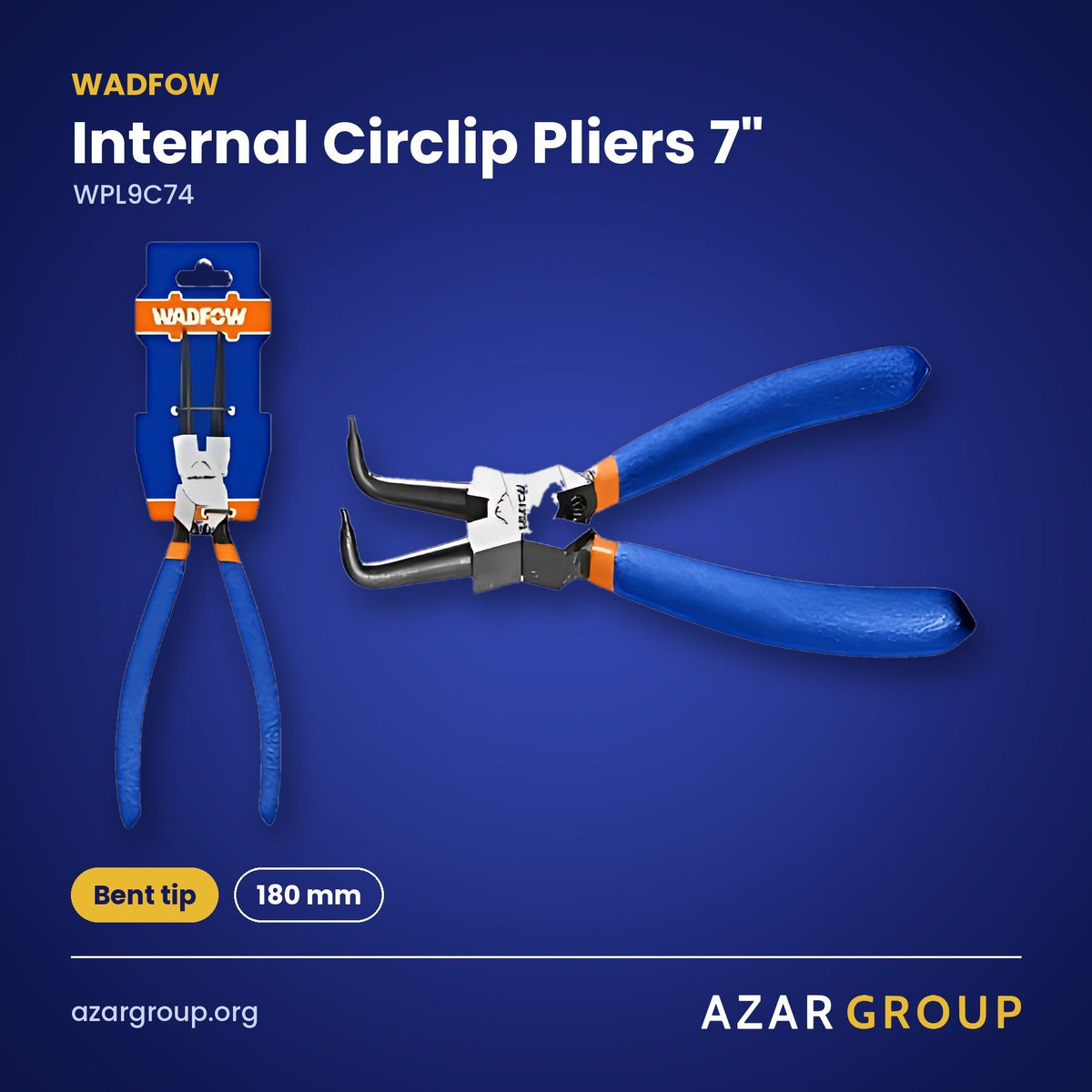 WADFOW WPL9C74 Internal Circlip Pliers 7" – Bent tip, 180 mm