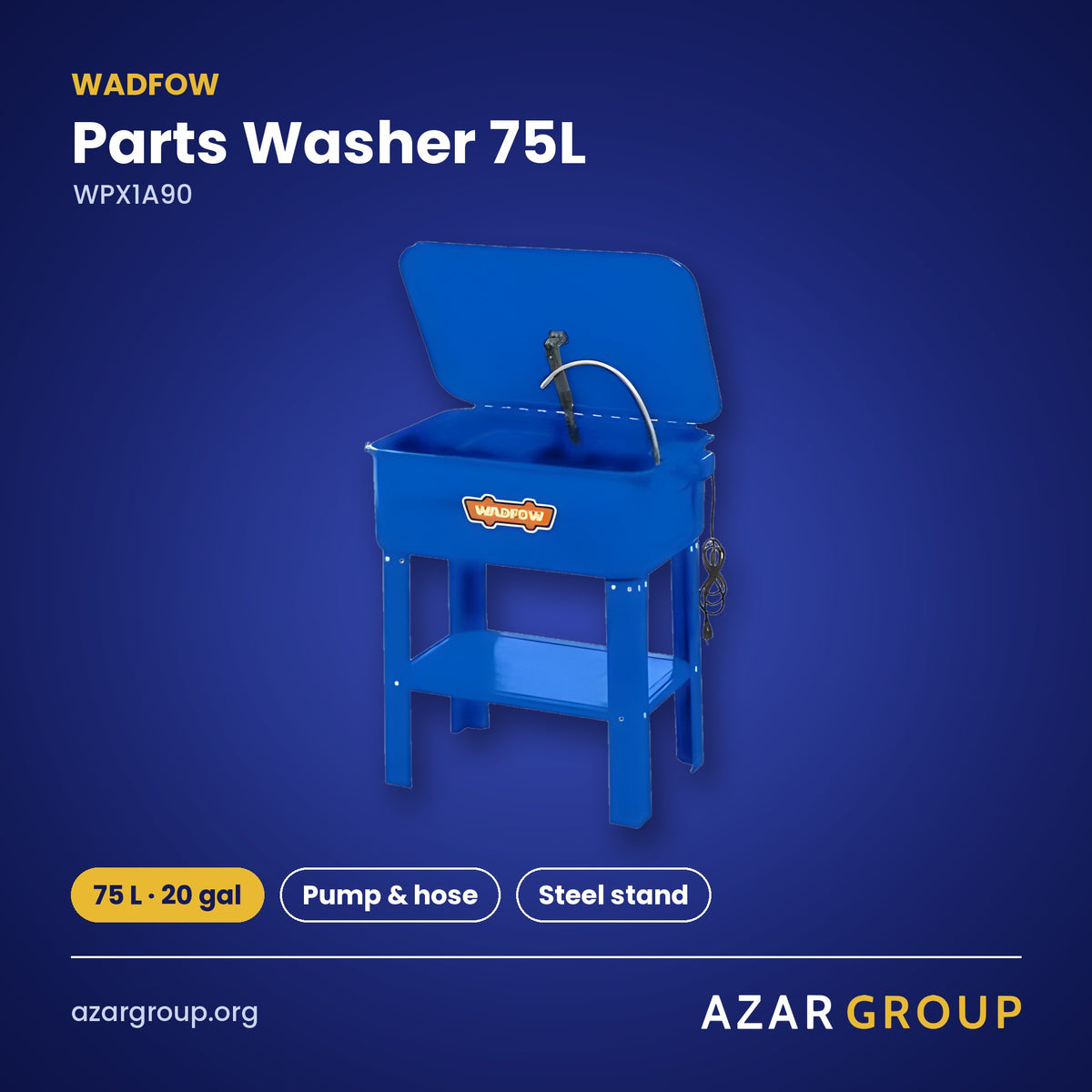 WADFOW WPX1A90 Parts Washer 75L – 75 L · 20 gal, Pump & hose, Steel stand