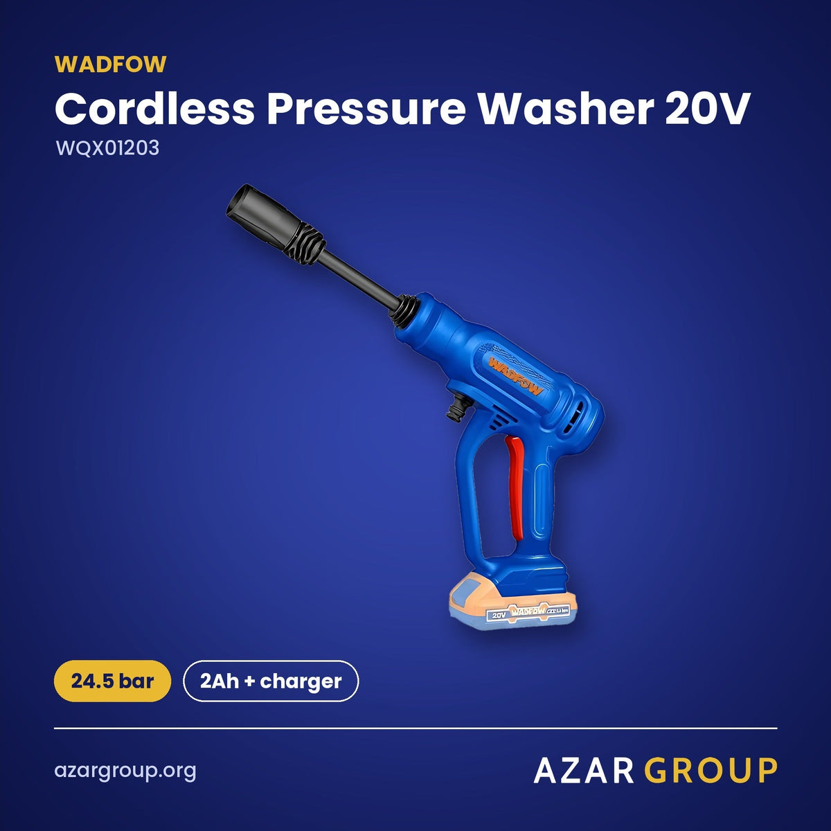 WADFOW WQX01203 Cordless Pressure Washer 20V – 24.5 bar, 2Ah + charger