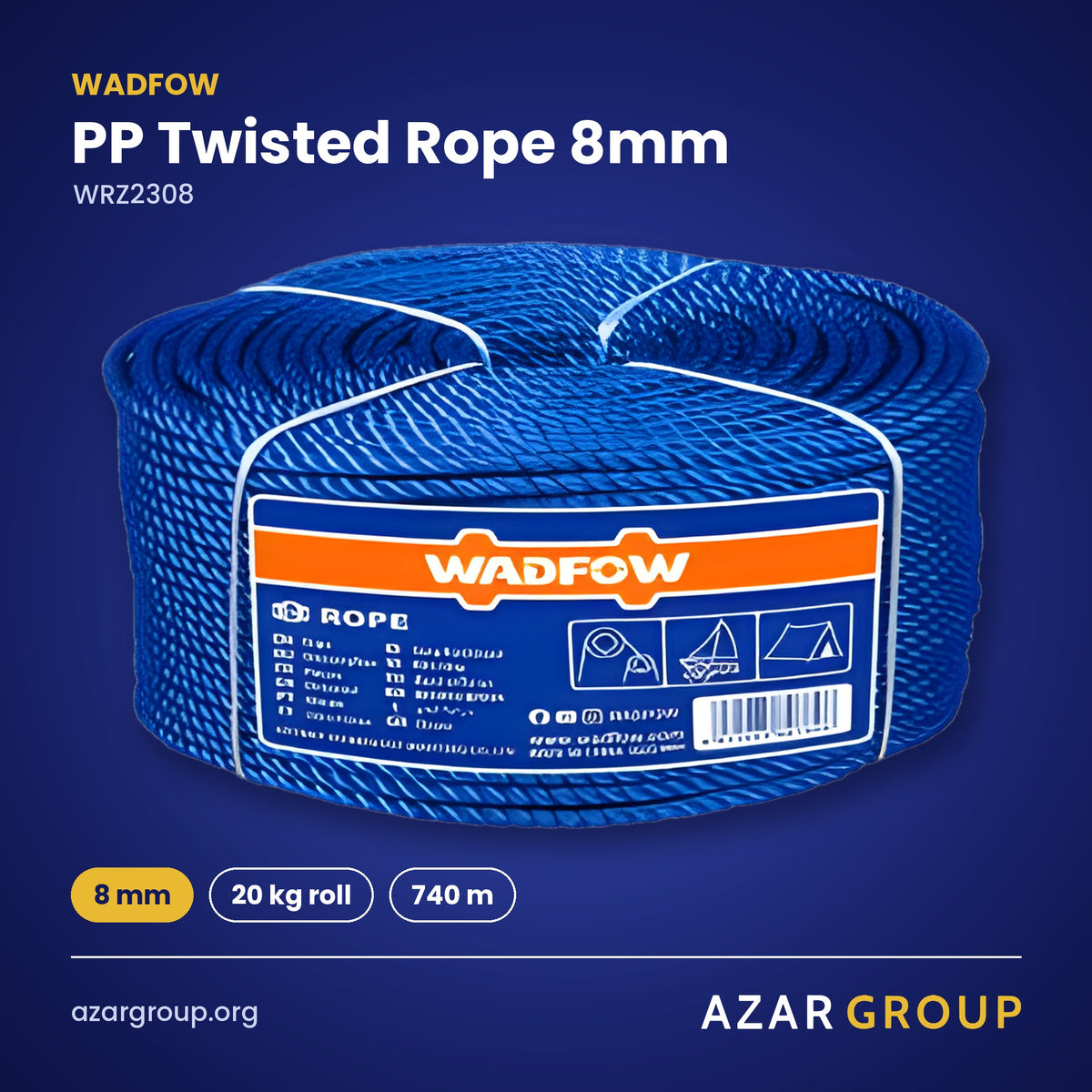 WADFOW WRZ2308 PP Twisted Rope 8mm – 8 mm, 20 kg roll, 740 m