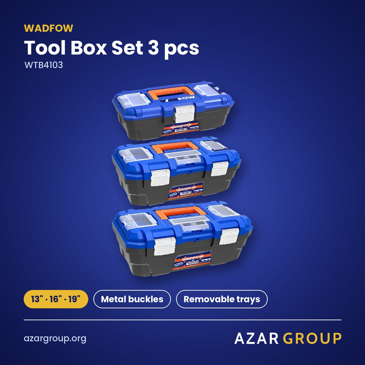 WADFOW WTB4103 Tool Box Set 3 pcs – 13" · 16" · 19", Metal buckles, Removable trays