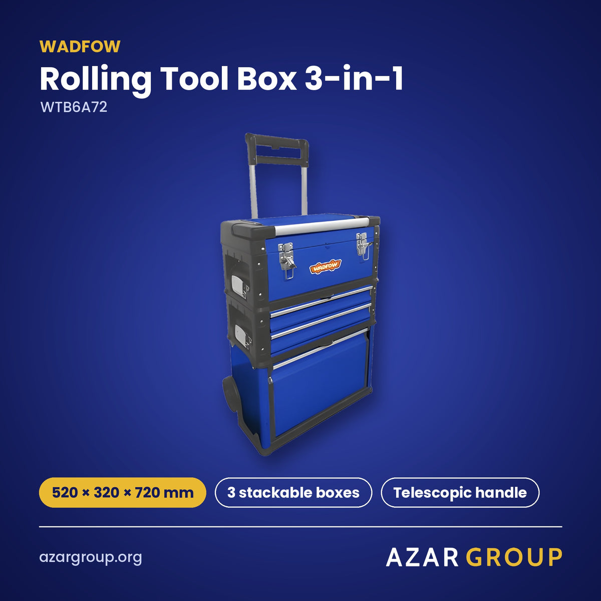 WADFOW WTB6A72 Rolling Tool Box 3-in-1 – 520 × 320 × 720 mm, 3 stackable boxes, Telescopic handle