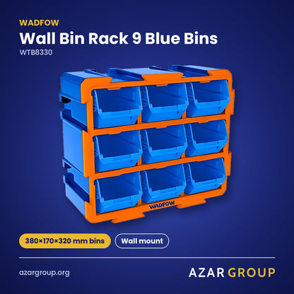 WADFOW WTB8330 Wall Bin Rack 9 Blue Bins – 380×170×320 mm bins, Wall mount