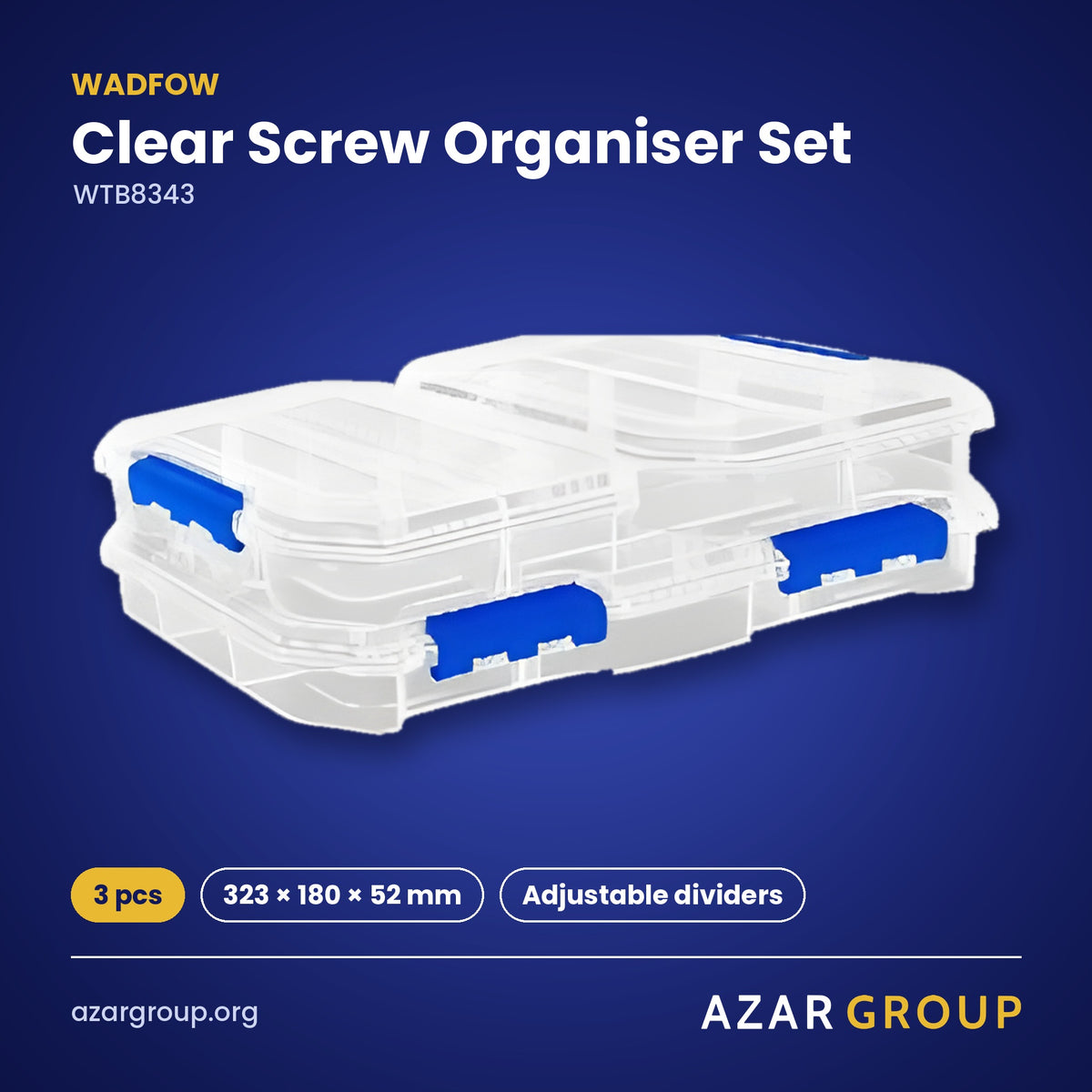 WADFOW WTB8343 Clear Screw Organiser Set – 3 pcs, 323 × 180 × 52 mm, Adjustable dividers