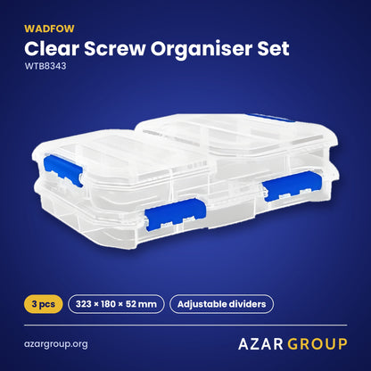 WADFOW WTB8343 Clear Screw Organiser Set – 3 pcs, 323 × 180 × 52 mm, Adjustable dividers