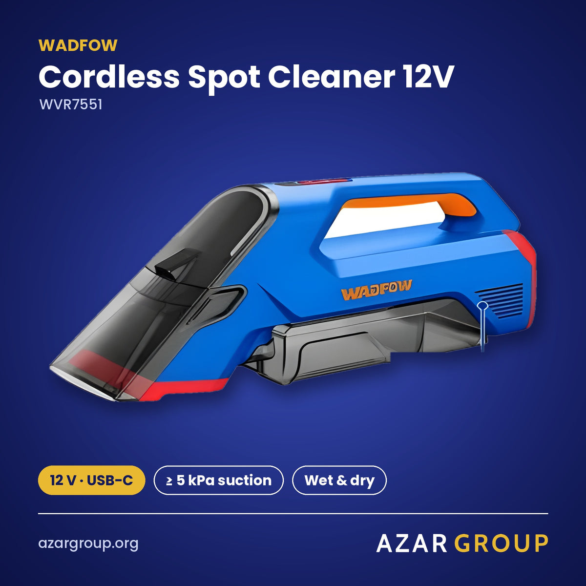 WADFOW WVR7551 Cordless Spot Cleaner 12V – 12 V · USB-C, ≥ 5 kPa suction, Wet & dry