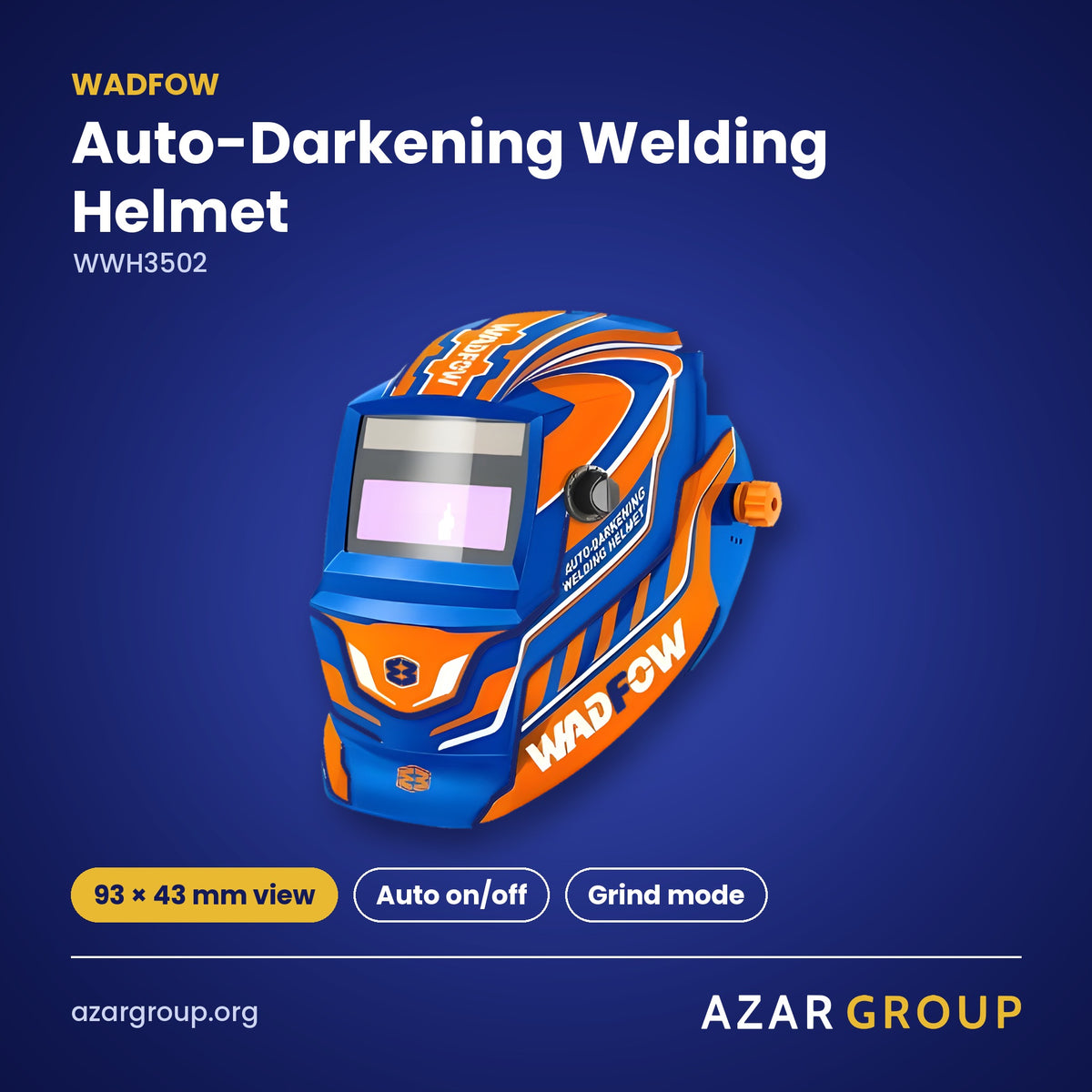 WADFOW WWH3502 Auto-Darkening Welding Helmet – 93 × 43 mm view, Auto on/off, Grind mode