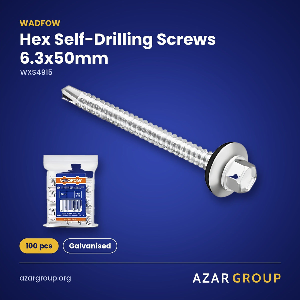 WADFOW WXS4915 Hex Self-Drilling Screws 6.3x50mm – 100 pcs, Galvanised