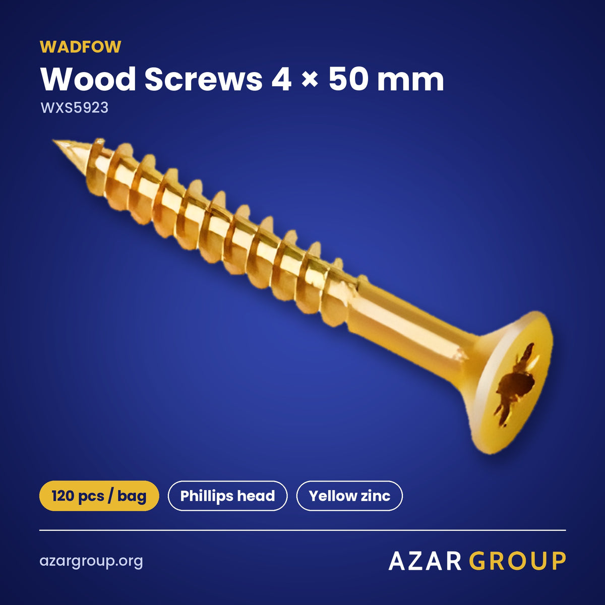 WADFOW WXS5923 Wood Screws 4 × 50 mm – 120 pcs / bag, Phillips head, Yellow zinc