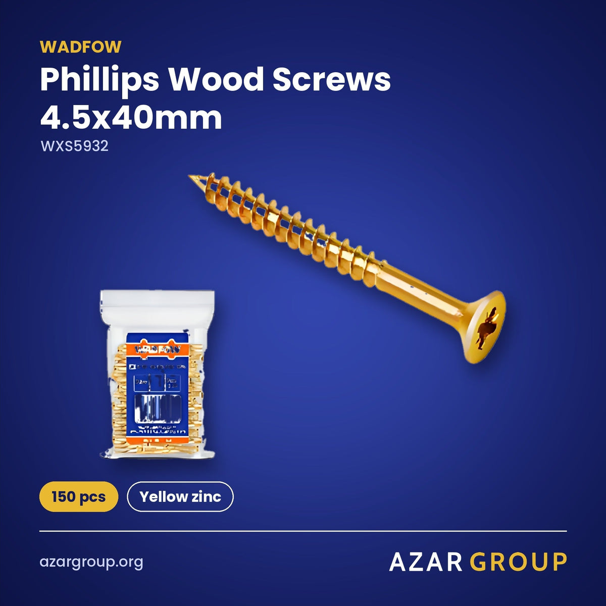 WADFOW WXS5932 Phillips Wood Screws 4.5x40mm – 150 pcs, Yellow zinc