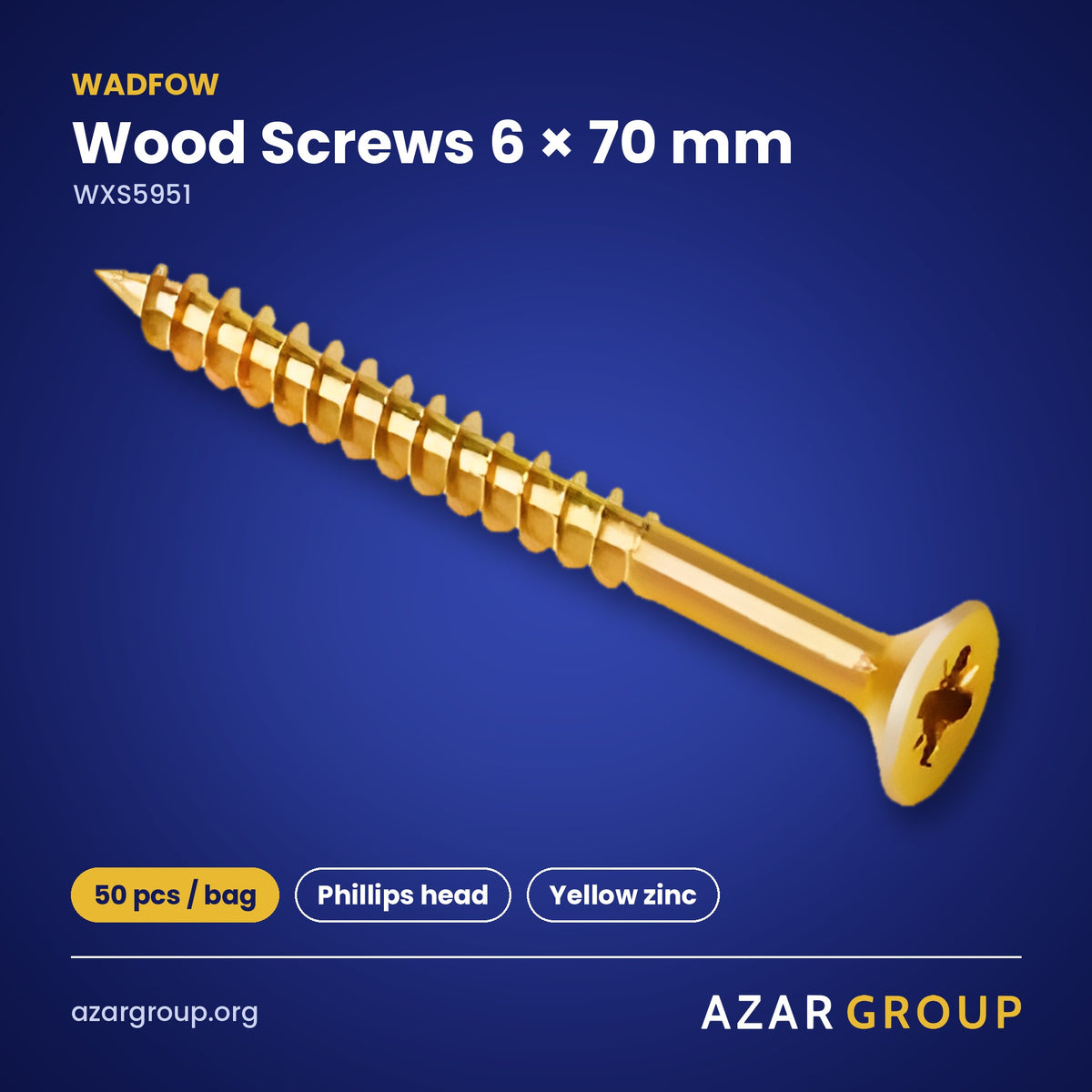 WADFOW WXS5951 Wood Screws 6 × 70 mm – 50 pcs / bag, Phillips head, Yellow zinc
