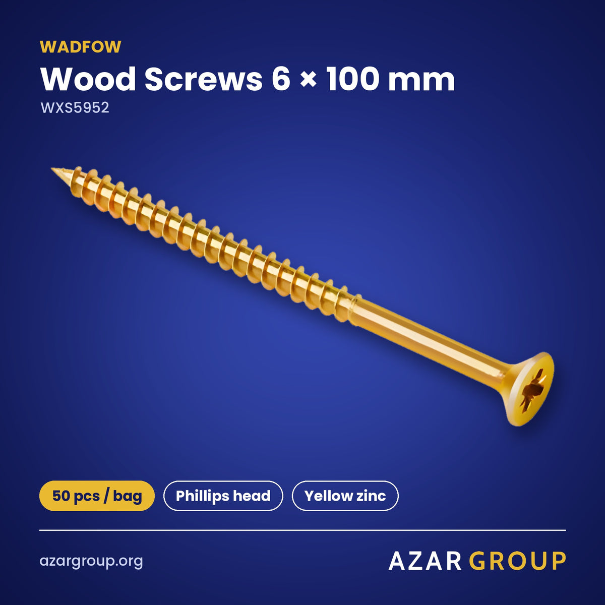 WADFOW WXS5952 Wood Screws 6 × 100 mm – 50 pcs / bag, Phillips head, Yellow zinc