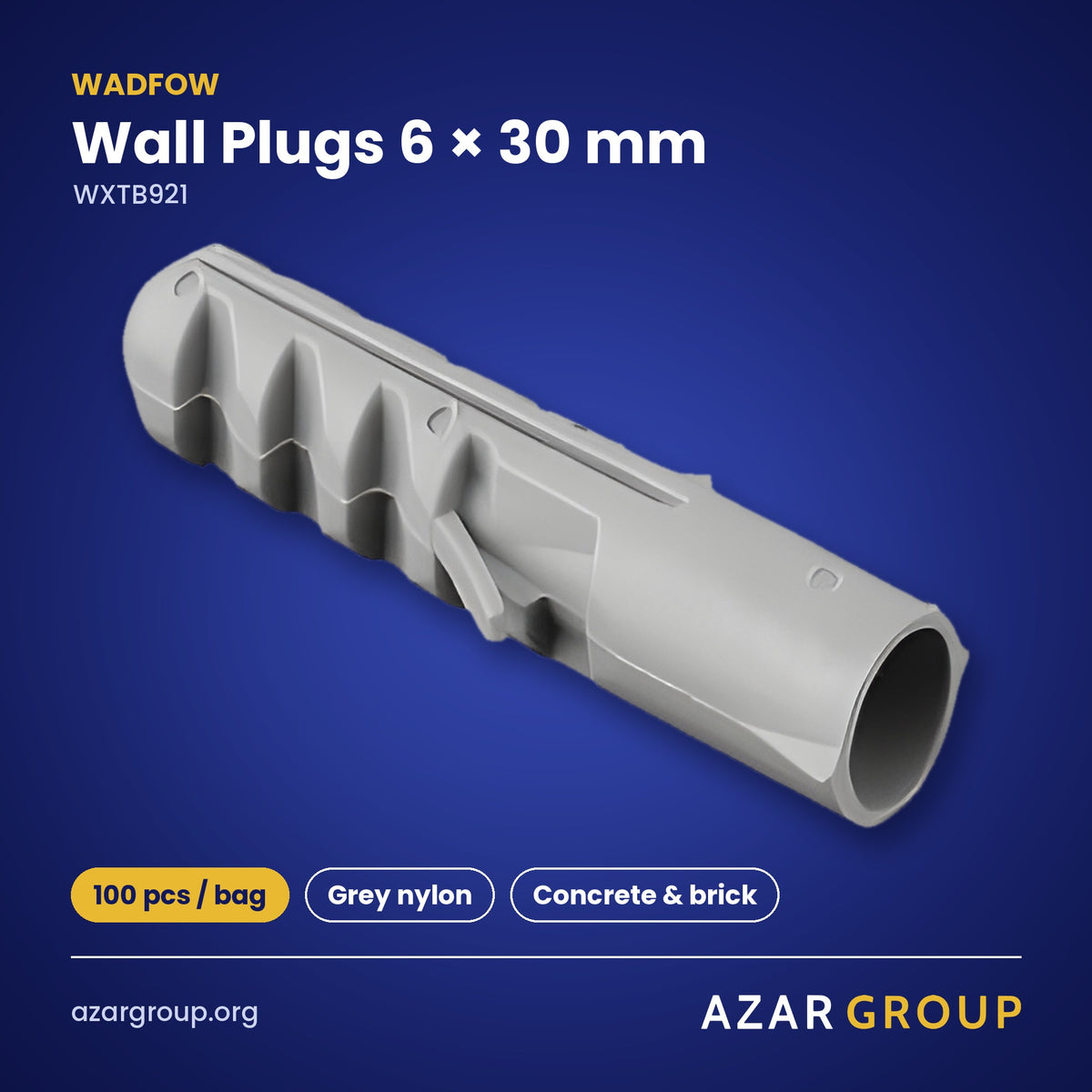 WADFOW WXTB921 Wall Plugs 6 × 30 mm – 100 pcs / bag, Grey nylon, Concrete & brick