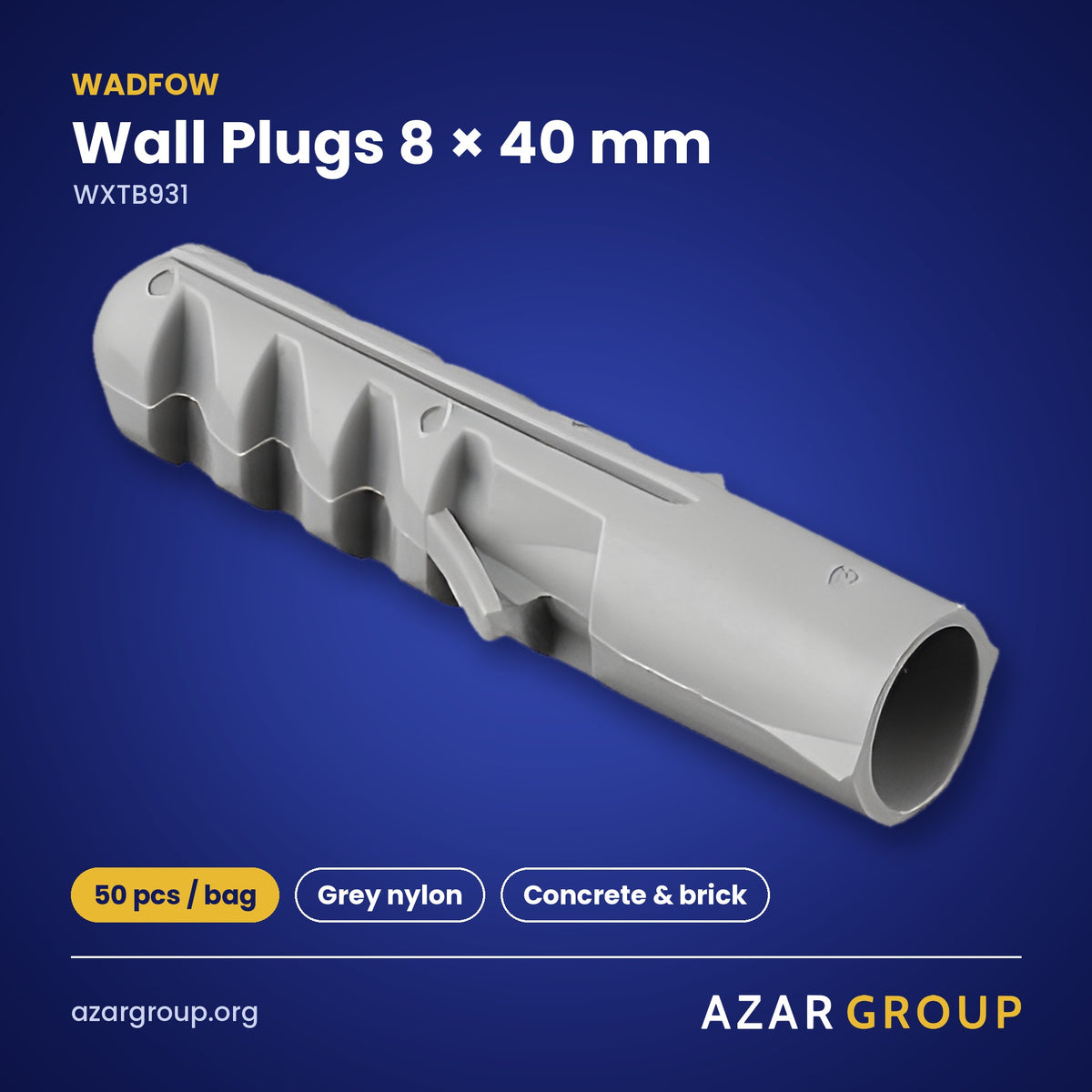 WADFOW WXTB931 Wall Plugs 8 × 40 mm – 50 pcs / bag, Grey nylon, Concrete & brick