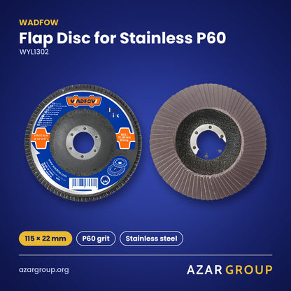 WADFOW WYL1302 Flap Disc for Stainless P60 – 115 × 22 mm, P60 grit, Stainless steel