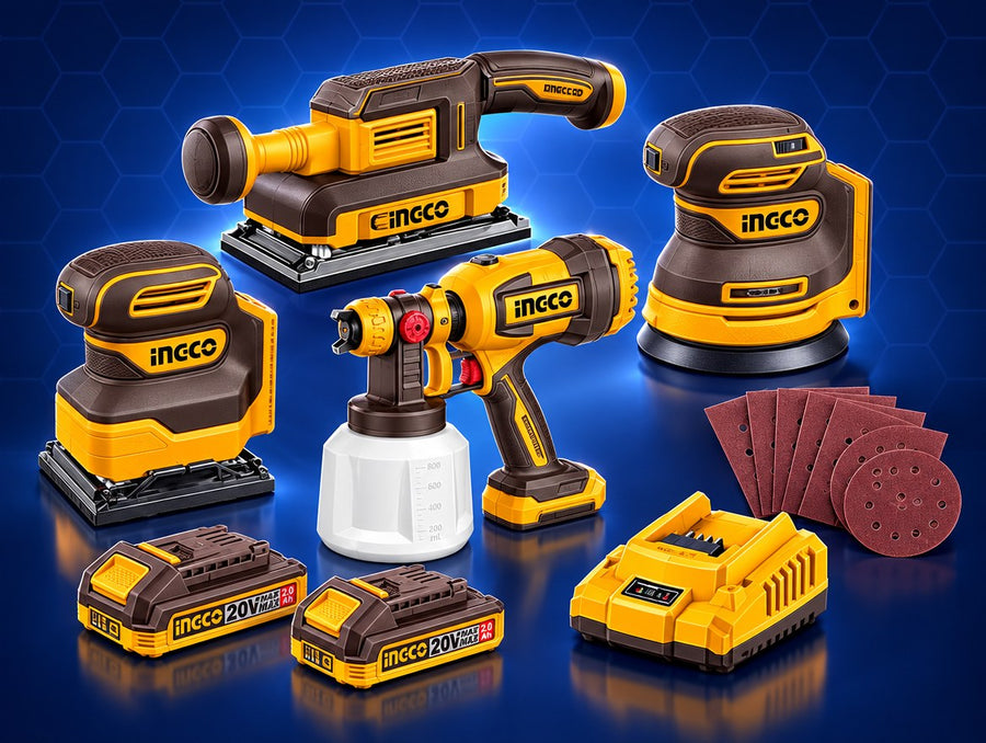 INGCO Cordless Sanders and Paint Spray Gun 4-Tool Kit 20V 2x2Ah Battery and Charger COSLI250383 | مجموعة حفافات وفرد رش بويا بطارية
