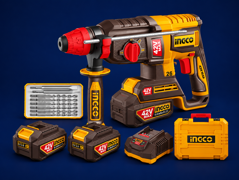 INGCO Cordless Rotary Hammer 42V Brushless 26mm SDS-Plus 2.5J 2x2Ah Battery Charger and Case CRHLI422682 | برم وتكسير بطارية مقدح