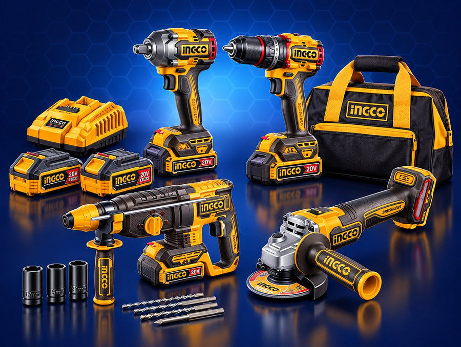 INGCO Cordless Drill Impact Wrench and Angle Grinder Combo Kit 20V 2x4.0Ah with Telescopic Bag CKLI2059 | مجموعة مقادح+صاروخ+انتريك+شنطة تلسكوبيك+اكسسوار