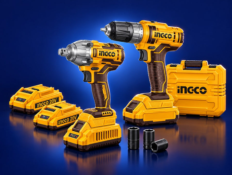 INGCO Cordless Drill Driver 45N.m and Brushless Impact Wrench 300N.m Combo Kit 20V 2x2.0Ah COSLI230702 | فرد شد عزق مقدح بطارية