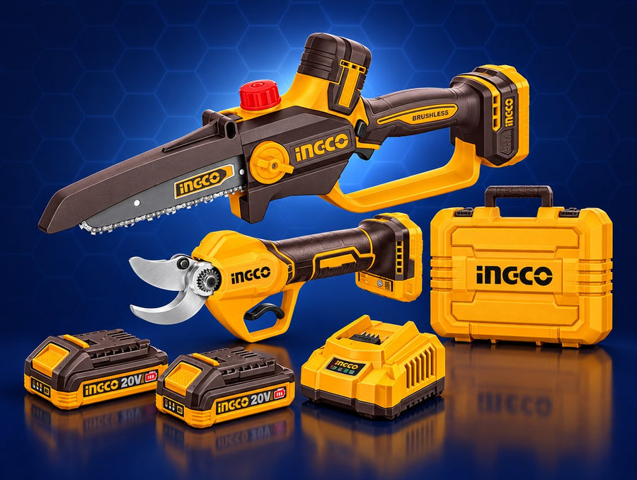 INGCO Cordless Pruning Saw and Pruning Shears Combo Kit 20V 2x2.0Ah with Case COSLI250795 | مجموعة منشار مقص شحالة