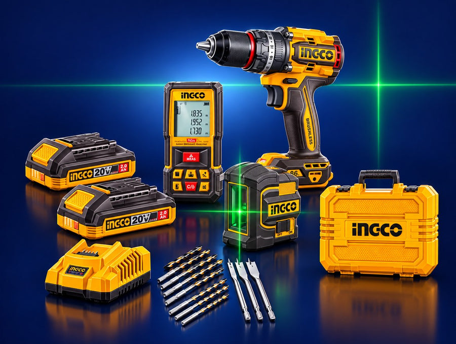 INGCO Cordless Impact Drill Laser Measure and Cross Line Laser Combo Kit 20V 86N.m COSLI251001 | مجموعة مقدح بطارية رجراج نيوتن متر ليزر وليزر شقلة اخطر خطين 86 ن.م