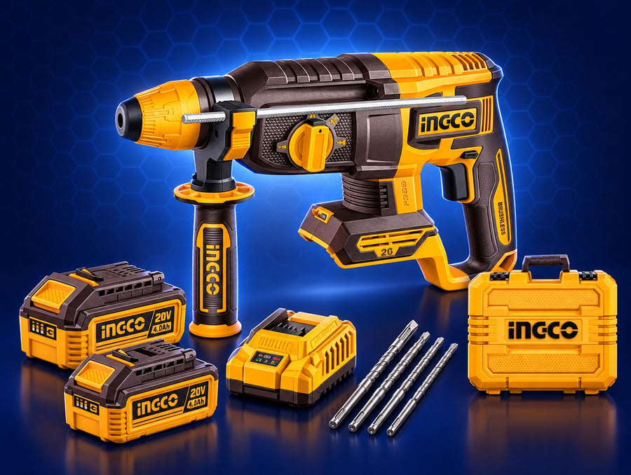 INGCO Cordless Rotary Hammer 20V Brushless 26mm SDS-Plus 2.5J 2x4Ah Battery Charger and Case CRHLI202682 | برم وتكسير بطارية مقدح