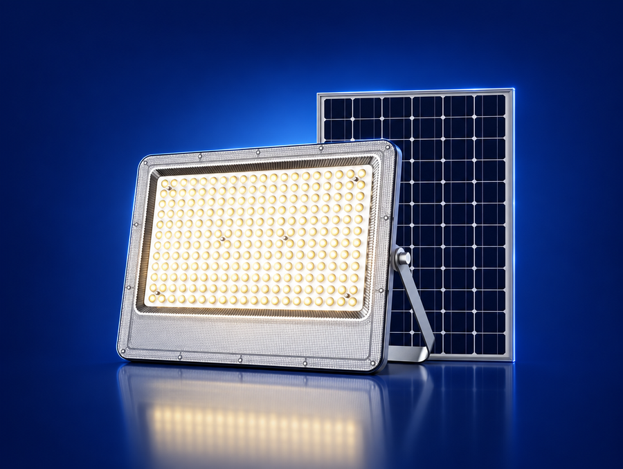 LED flood light and solar panel on a white background