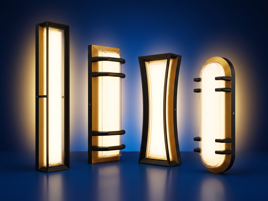AURA Outdoor Wall Light – Rectangular with Bars, Black & Gold, 40 cm (24W, Warm White 3000K)